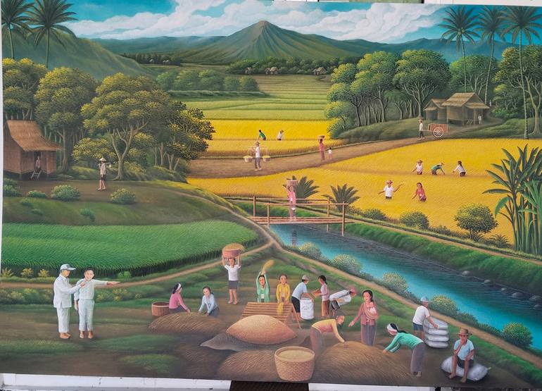 Original Landscape Painting by Husnul Qomariah Sastra | Expressionism Art on Canvas | Farmers' joy in the harvest
