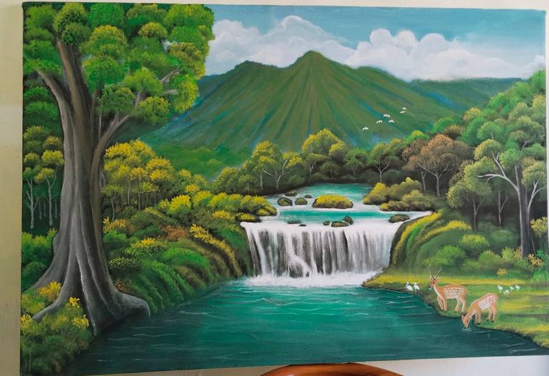 Original Landscape Painting by Husnul Qomariah Sastra | Realism Art on Canvas | The joy of a deer and its mother enjoying a water pool.