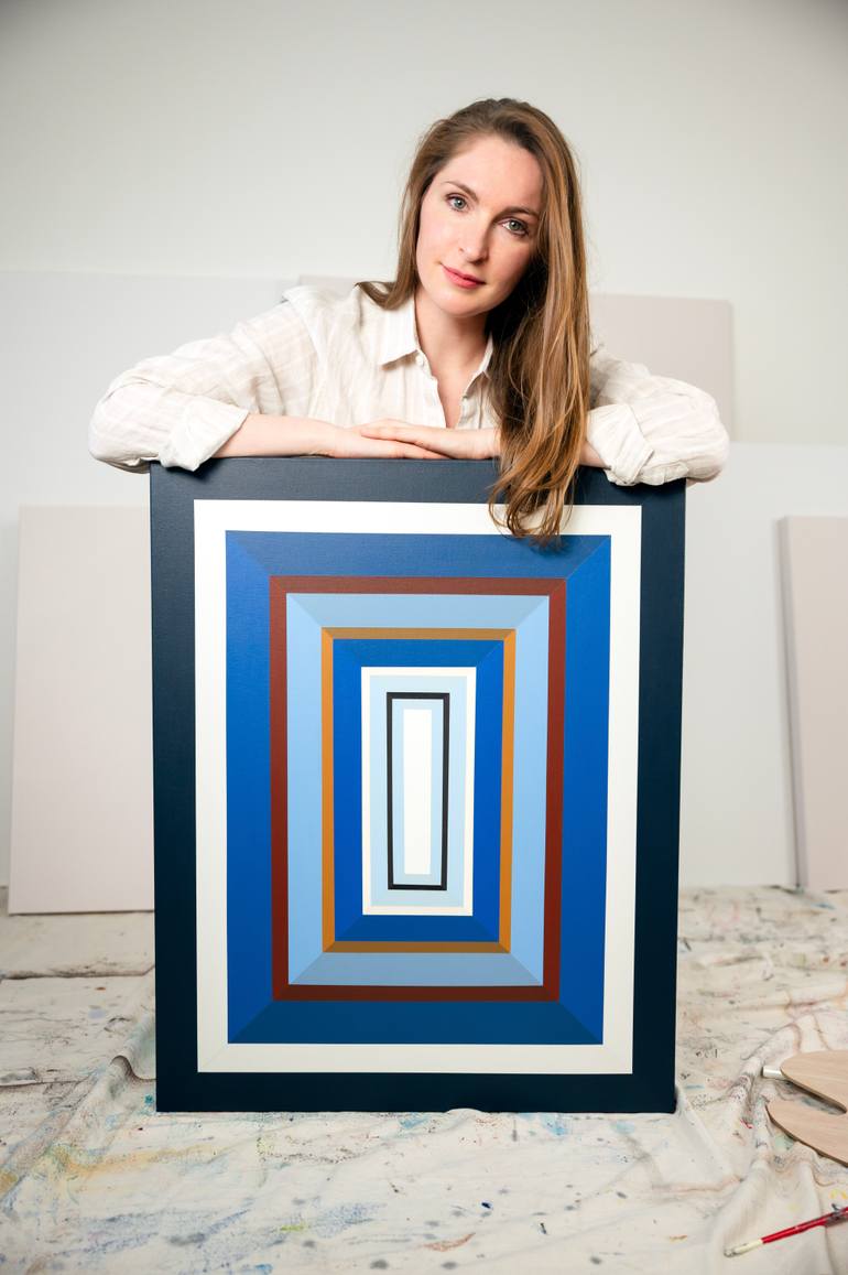 Original Geometric Painting by Elena Alexander | Abstract Art on Canvas | Denim III - Blue, Brown and White Concentric Geometric