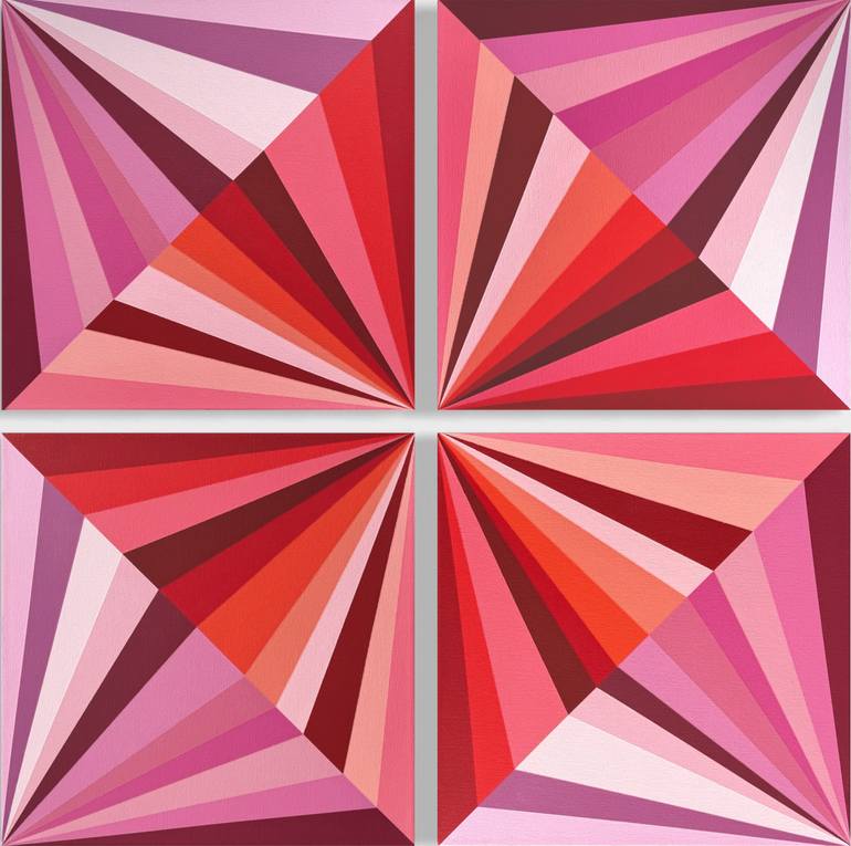 Original Abstract Painting by Elena Alexander | Abstract Art on Canvas | Raspberry Gems | 4-Panel Geometric Abstract Art in Pink & Red