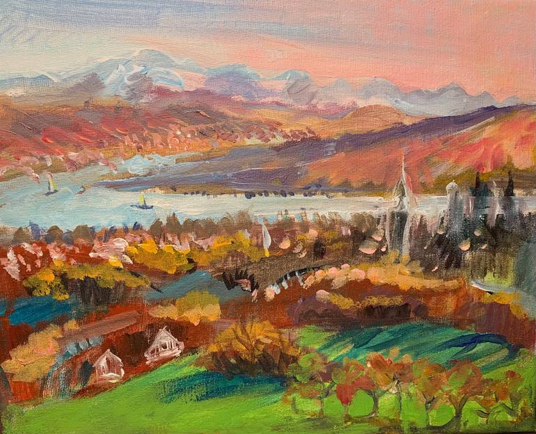 Original Landscape Painting by Evgenia Ruchka | Expressionism Art on Canvas | landscape with the Alps, Lake Constance, and a town Radolfzell