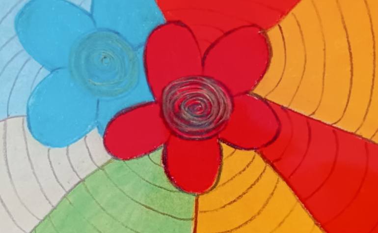 Original Floral Mixed Media by Nicole H | Contemporary Art on Fine Art Paper | Red Flower and Blue Flower Design