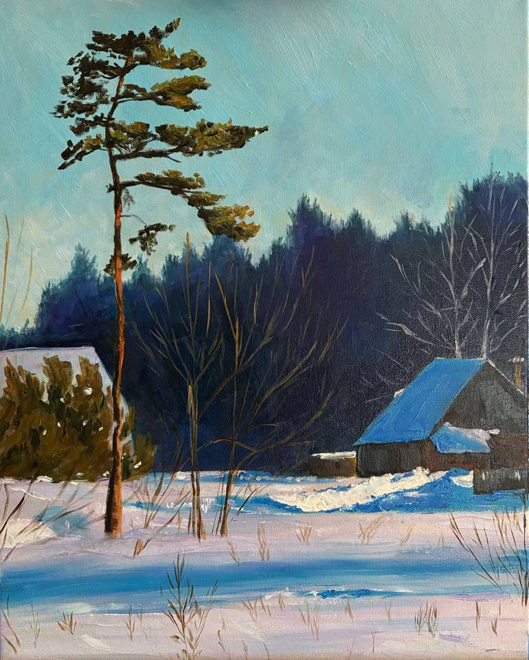 Original Landscape Painting by Nataliia Bulba | Expressionism Art on Canvas | The winter farm