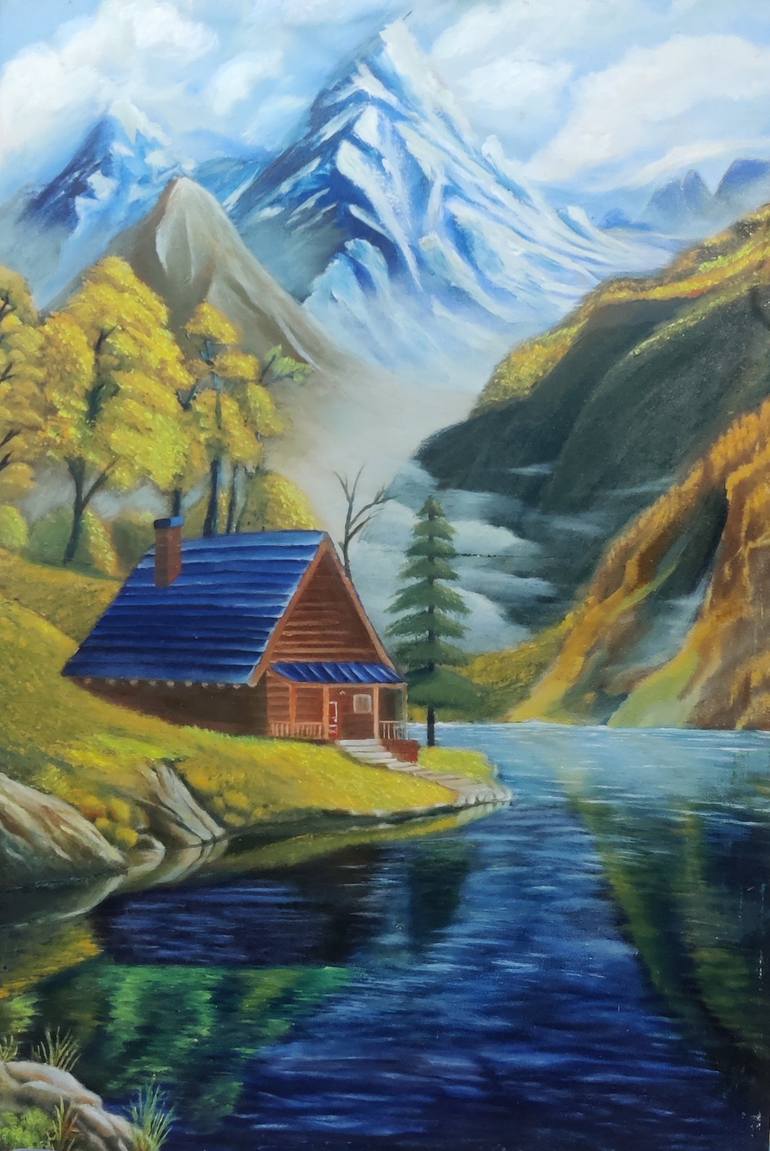 Original Oil lPainting Art Vtg Winter Landscape Snowy Evening Cabins Trees  Water, image size:770x1151