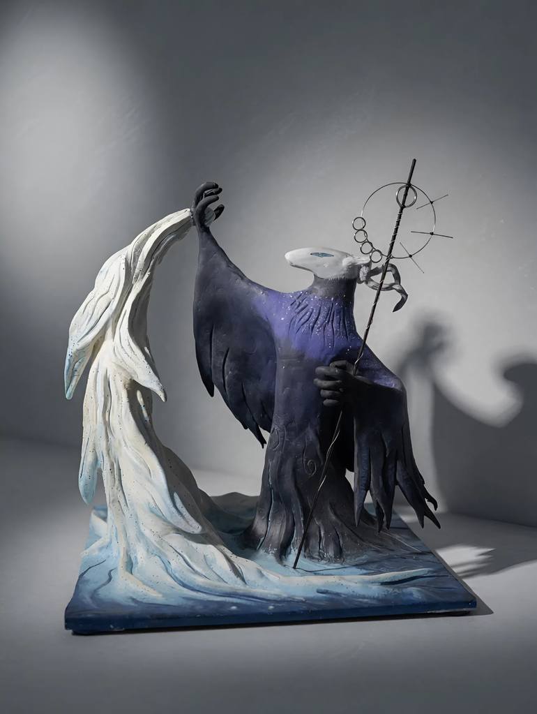 Original Fantasy Sculpture by Shitsu Line | Folk Art on Clay | Night Shaman & the White Spirit -- Original Dark Fantasy Sculpture