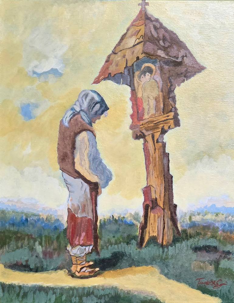 Original Religion Painting by Tudose Cristian | Impressionism Art on Canvas | Prayer at the Wayside Cross - Original Acrylic Painting