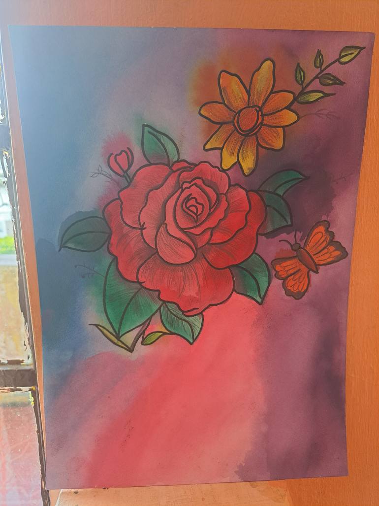 Original Art Deco Floral Painting by Krishi Gunness