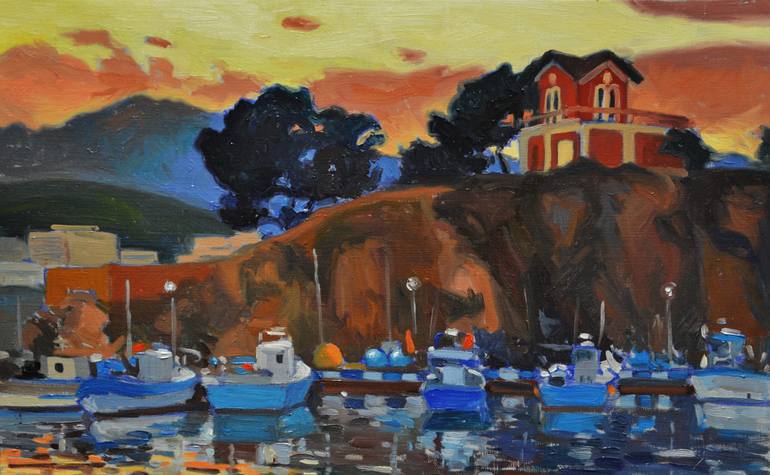 Original Seascape Painting by Ricard Marti | Figurative Art on Canvas | Sunset at the Port (Sant Feliu de Guixols)