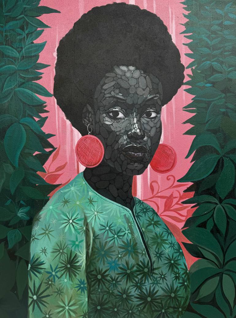 Original People Painting by Damola Adeyemo | Black & White Art on Canvas | Woman as a green leaf