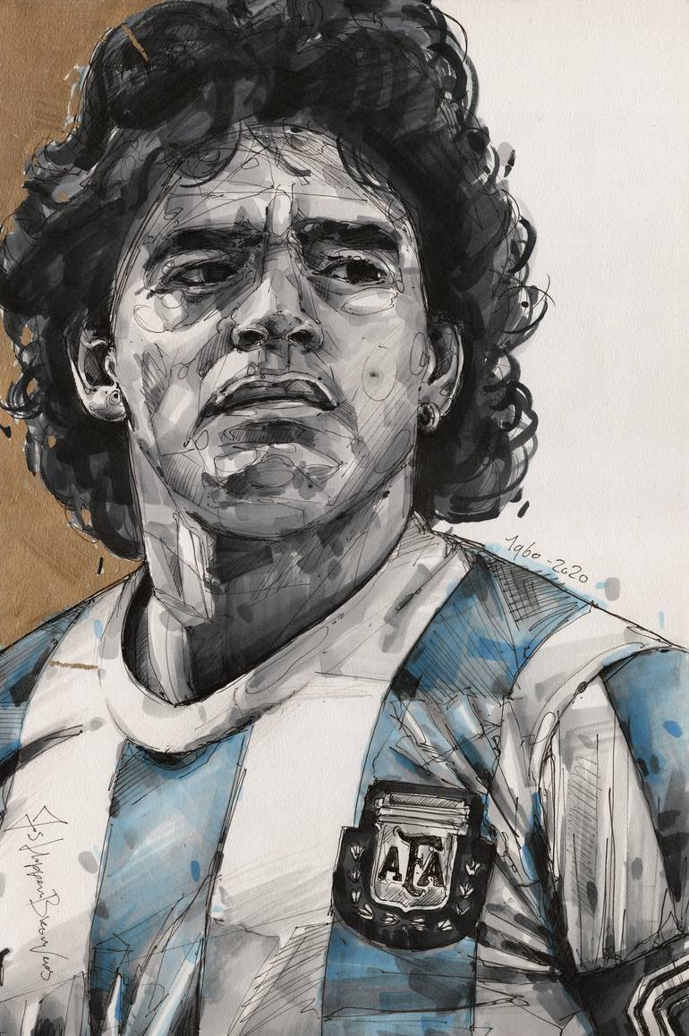 Original Sports Painting by Gallery Kauffeld  Impressionism Art on Paper  Diego Maradona painting 28x42 cm