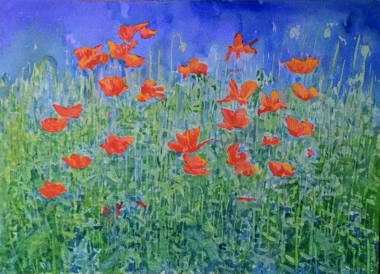 Original Floral Painting by Pradeep Bajpai | Impressionism Art on Paper | Red Poppies Fading into the Night