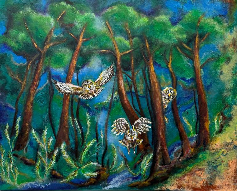 Original Landscape Painting by Olena Stadnikova | Figurative Art on Canvas | Owls in the night forest