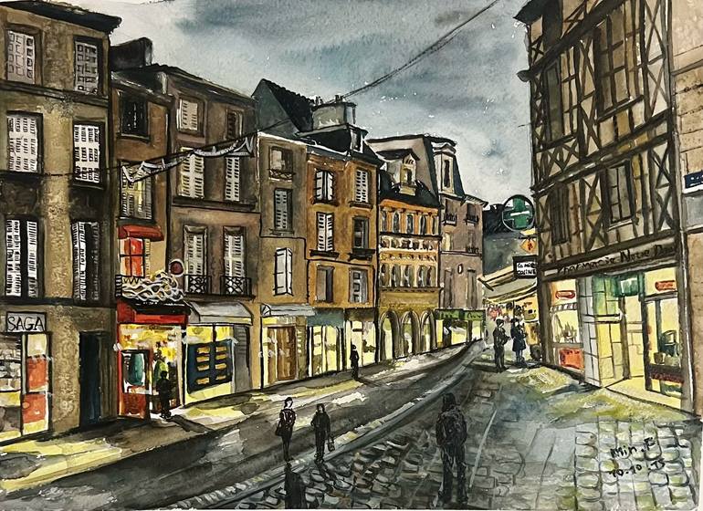 Original Landscape Painting by Liz Feng | Conceptual Art on Paper | The Night of Poitiers,France - Poitiers Series 6/10