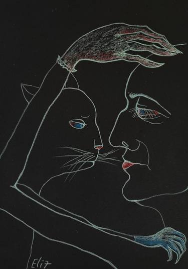 Original Figurative Cats Drawings by Elisheva Nesis