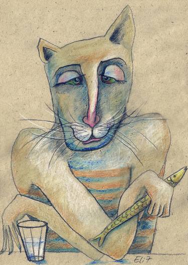 Original Expressionism Cats Drawings by Elisheva Nesis