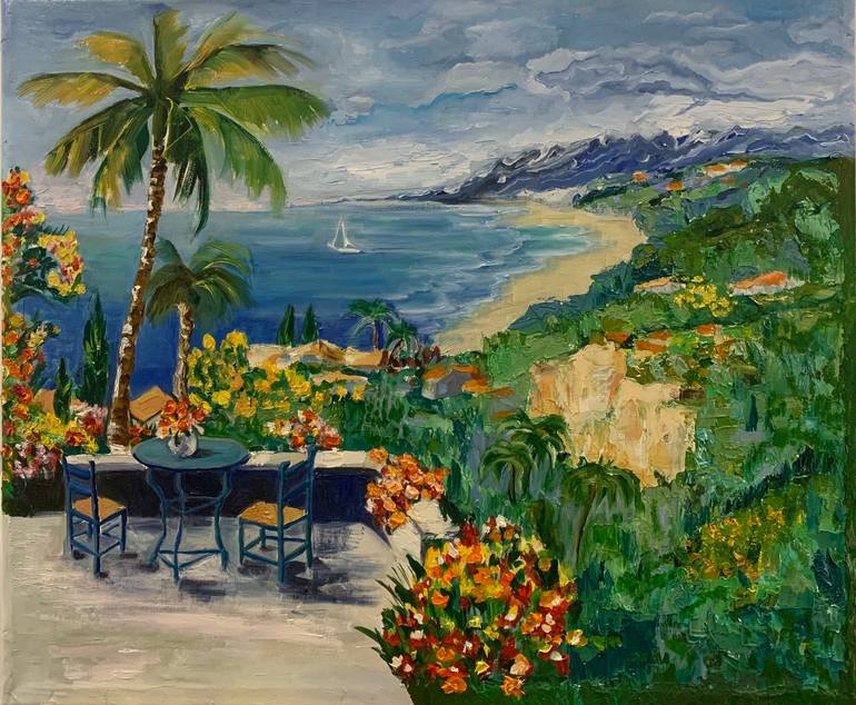 Original Seascape Painting by Fatima Erkenova | Impressionism Art on Canvas | Sun-Kissed Riviera Brunch by the Sea