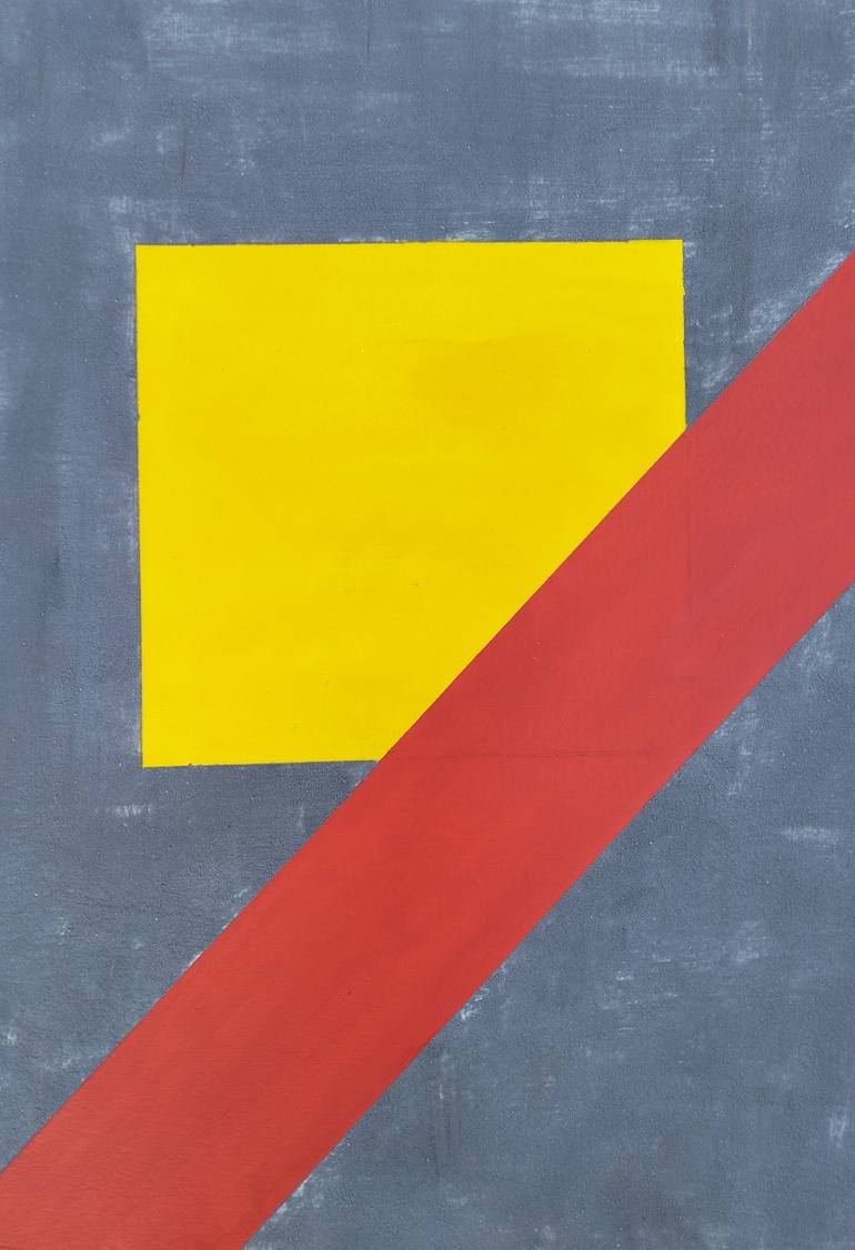 Original Abstract Painting by Lino Spada | Abstract Art on Paper | Study No. 9 "Yellow Square with Red Band on a Gray-Blue"
