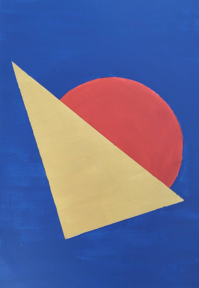 Original Abstract Painting by Lino Spada | Abstract Art on Paper | Study No 11 "Gold triangle and Red semicircle on a Blue"