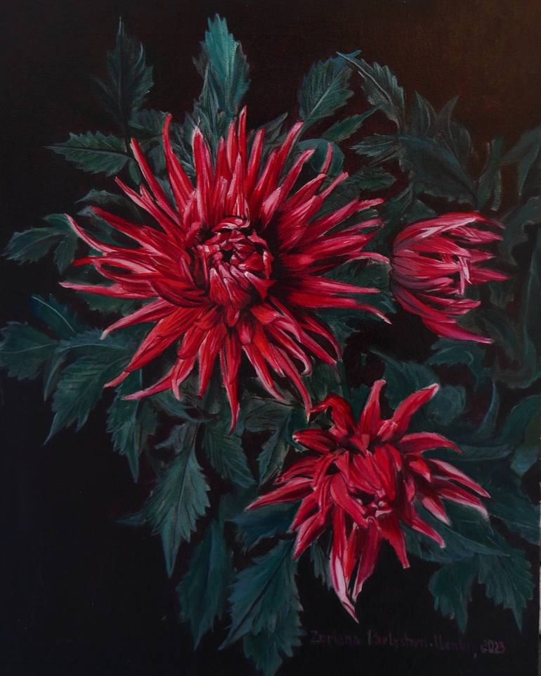 Dahlias Painting by Zoriana Pavlyshyn | Saatchi Art