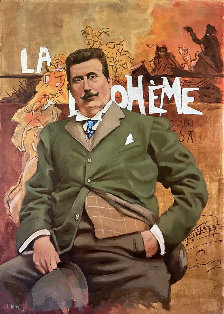 Original Men Painting by Tommaso Ricci | Figurative Art on Other | Omaggio a Giacomo Puccini