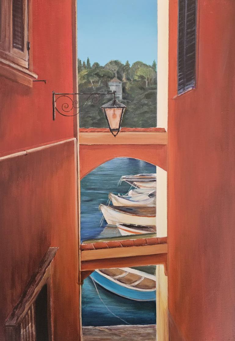 Original Landscape Painting by Uliana Ersova | Impressionism Art on Canvas | Italian villages-Secret View of the Lake