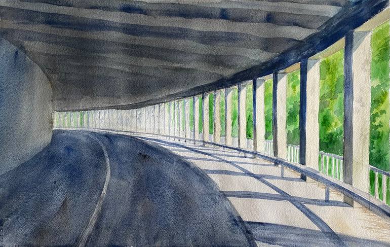 Original Architecture Painting by Katerina Morozova | Color Field Painting Art on Paper | Rhythm and Light