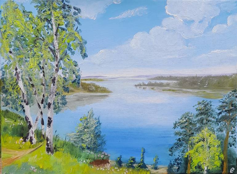 Original Landscape Painting by Liudmyla Parhamin | Realism Art on Canvas | May morning by the lake