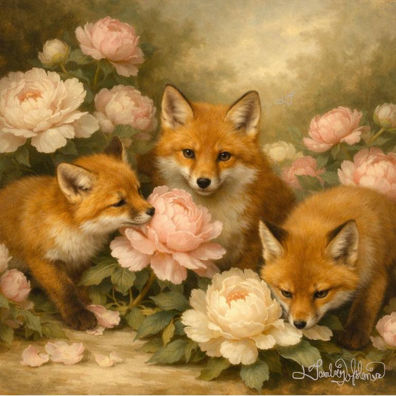 Original Animal Painting by Tambrey Jolenia | Abstract Expressionism Art on Canvas | Little Foxes in the Peonies
