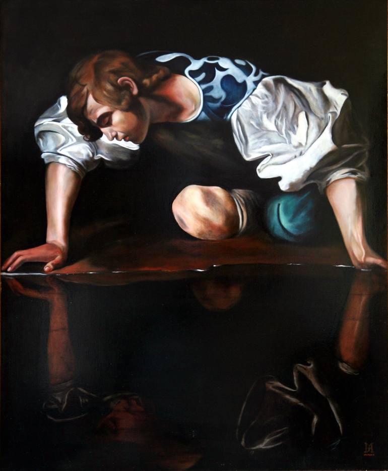 Narciso Narcissus after Caravaggio oil on linen. Painting by