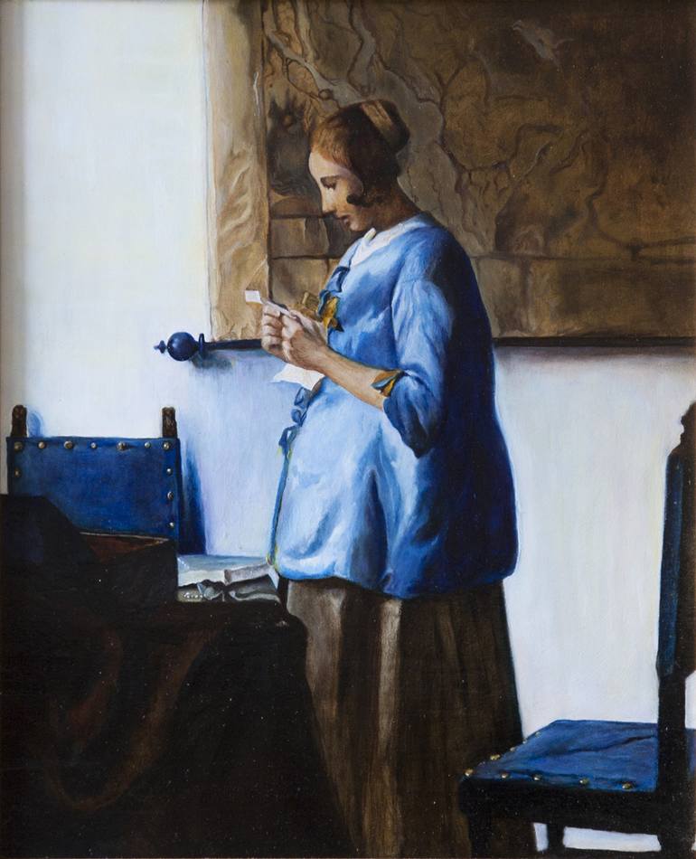 Girl in blue reading a letter, after Vermeer, oil painting by massimo ...