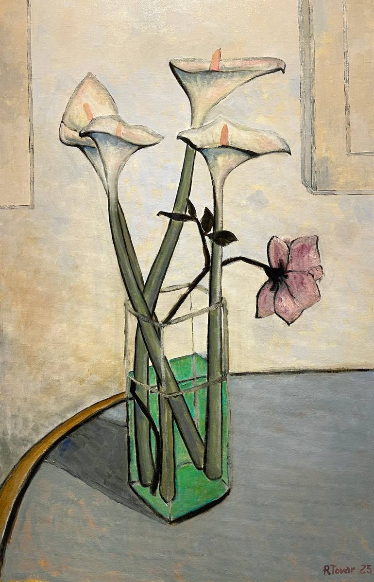 Original Still Life Painting by Ricard J Tovar | Figurative Art on Canvas | White lilies and rose
