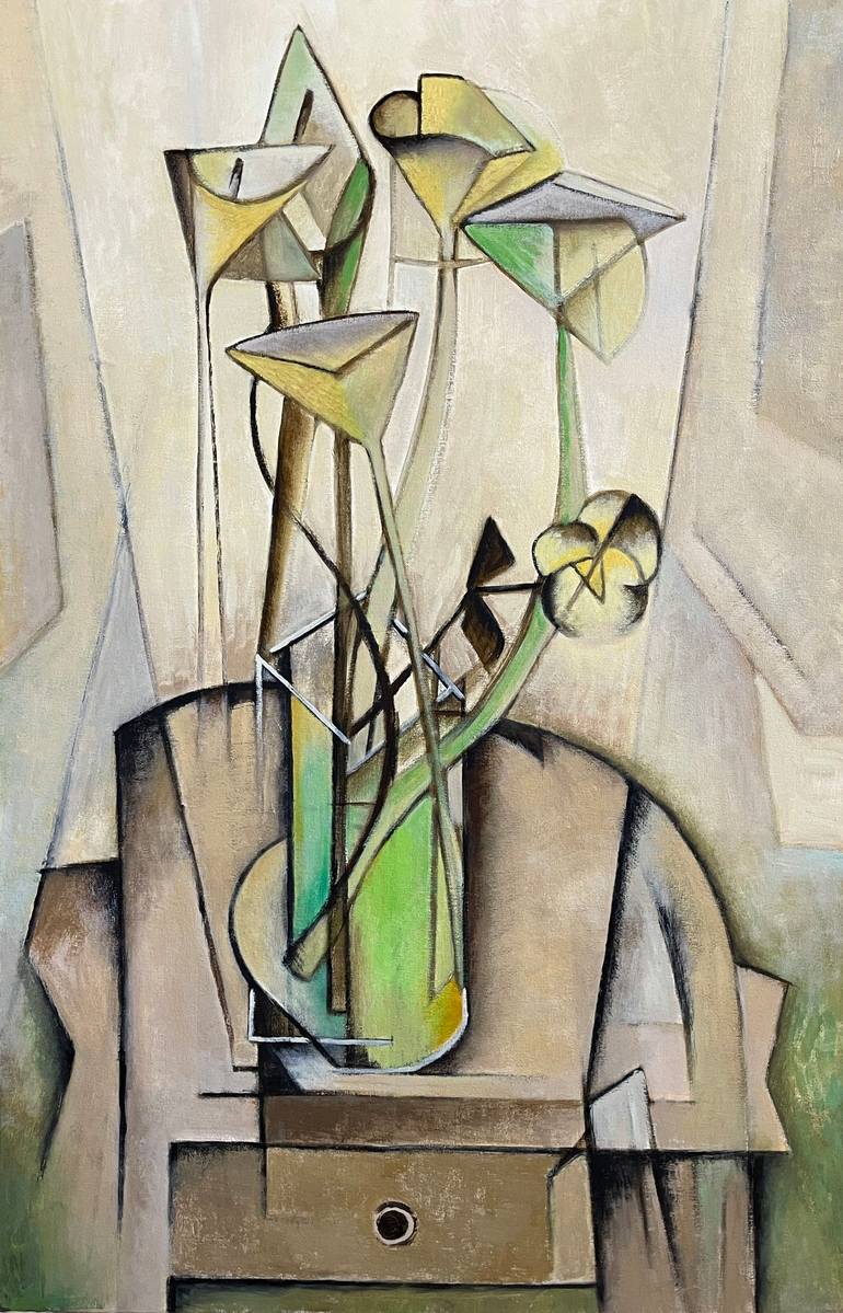 Original Still Life Painting by Ricard J Tovar | Cubism Art on Canvas | White lilies and rose 3