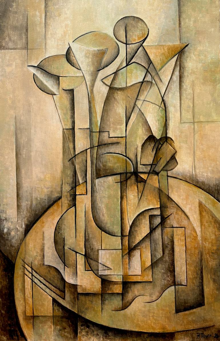 Original Still Life Painting by Ricard J Tovar | Cubism Art on Canvas | White lilies and rose 4