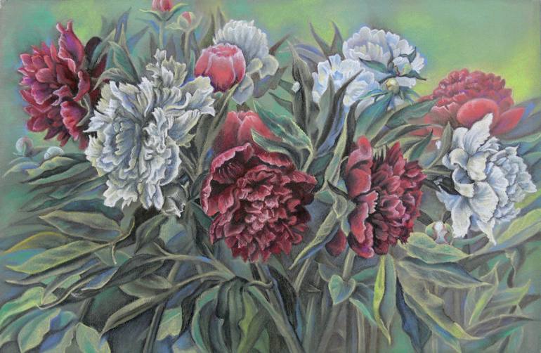 Original Floral Drawing by Elena Mileva | Figurative Art on Paper | Red and white peonies