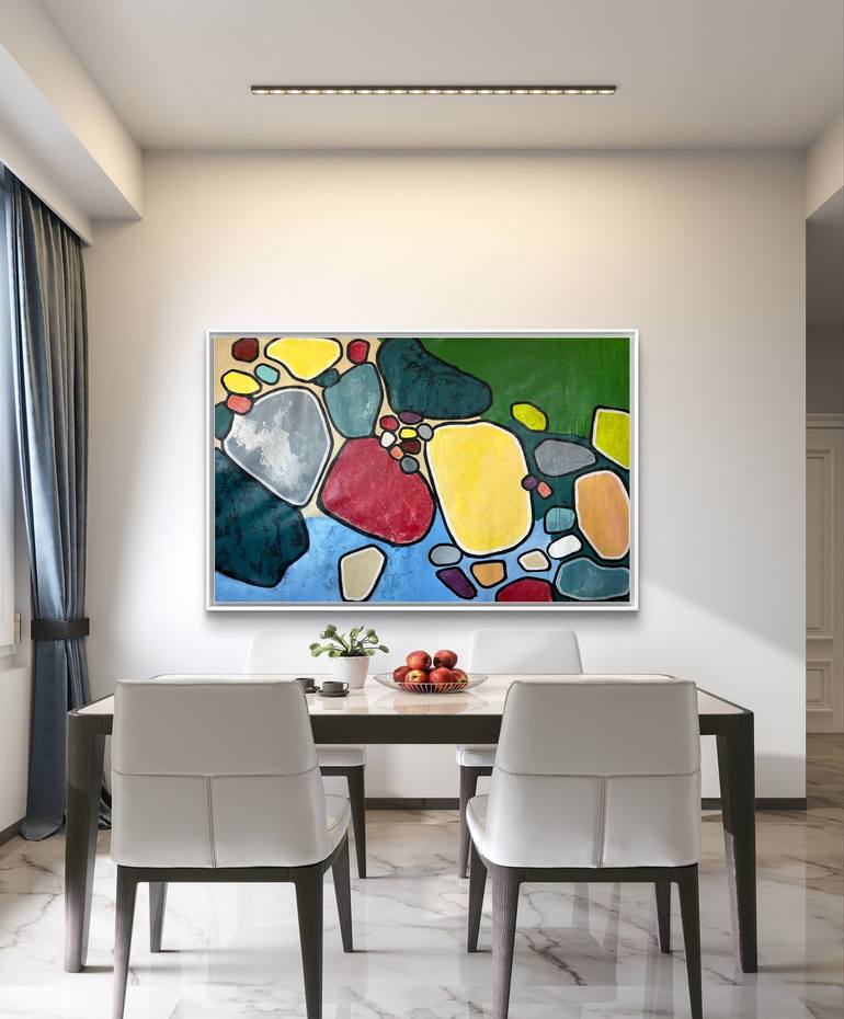 Original Abstract Painting by Kateryna Malomuzh | Abstract Art on Canvas | Abstract Harmony of Nature - Rocks in the Lake