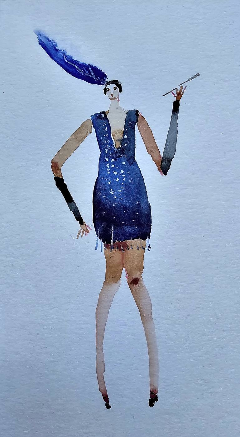 blue art deco dress Art Deco dress in blue rayon blend with flowing drop-waist silhouette