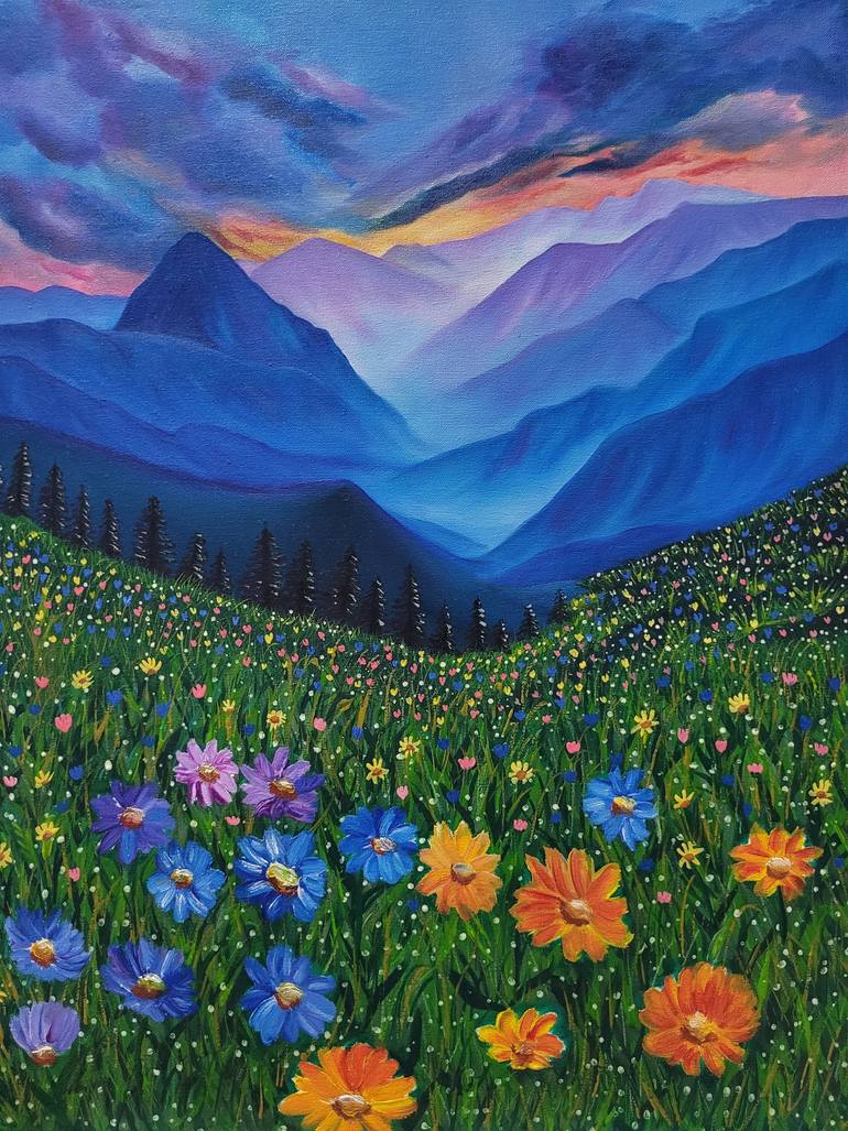 Original Landscape Painting by Camila Teixeira | Realism Art on Canvas | Field of Flowers