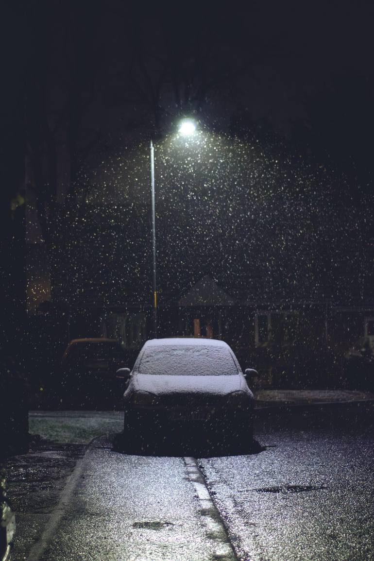 Original Car Photography by Olivia Bella | Contemporary Art on Paper | Snowy Night in the Neighbourhood