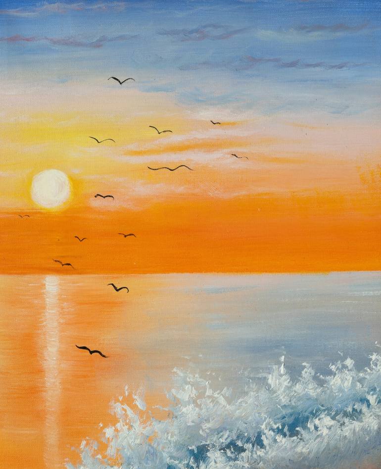 A vibrant sunset over a tranquil sea Painting by Muga Muga | Saatchi Art