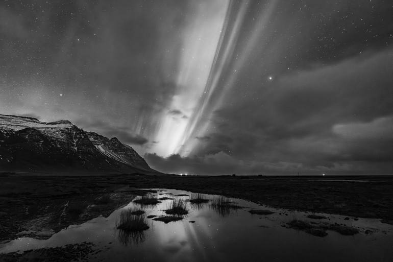Original Landscape Photography by Vasilis Moustakas | Black & White Art on Paper | Whispers of the Night Sky -- Aurora Borealis, Iceland