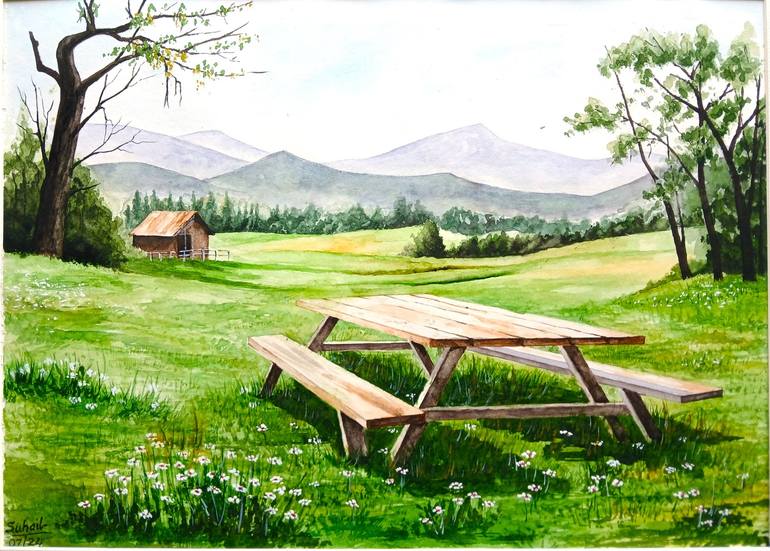 Picnic bench with a view Painting by SUHAIL KARJIKAR | Saatchi Art