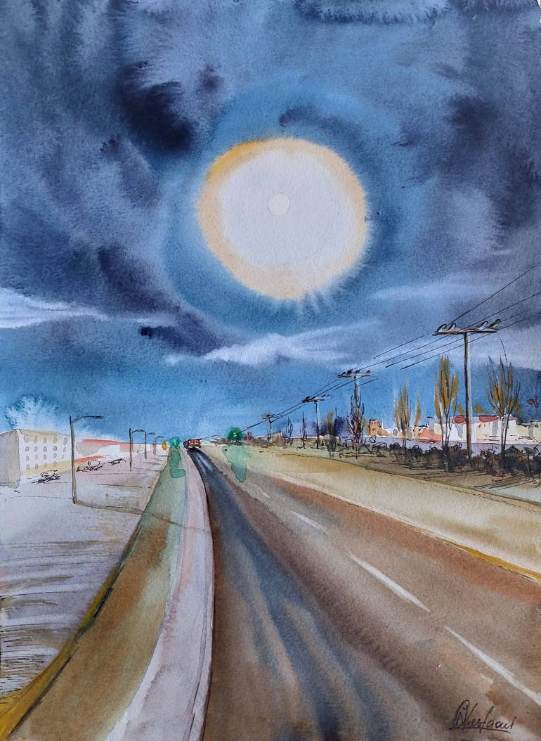 Original Landscape Mixed Media by Nina Cherfaoui | Expressionism Art on Paper | The color of the night