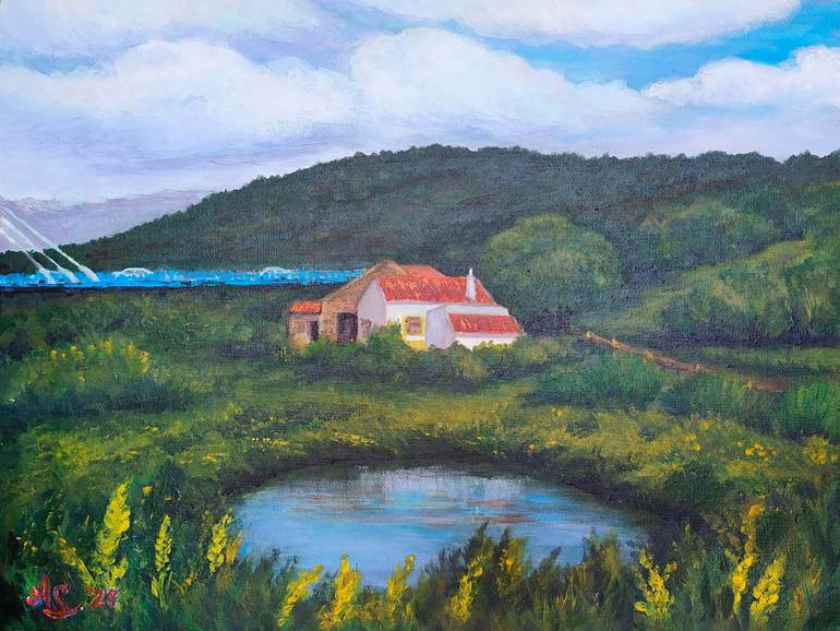Original Landscape Painting by Hanna Samoilenko | Contemporary Art on Corrugated Cardboard | By the Lake