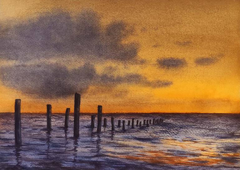 Original Seascape Painting by Hanna Samoilenko | Contemporary Art on Paper | Golden Sunset Over the Sea