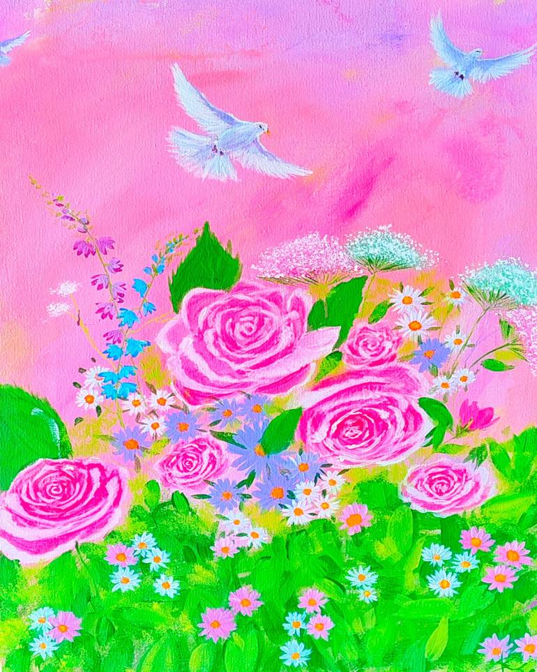 Original Floral Painting by Shivani Shivani | Abstract Art on Canvas | Pink rose with white pigeon painting