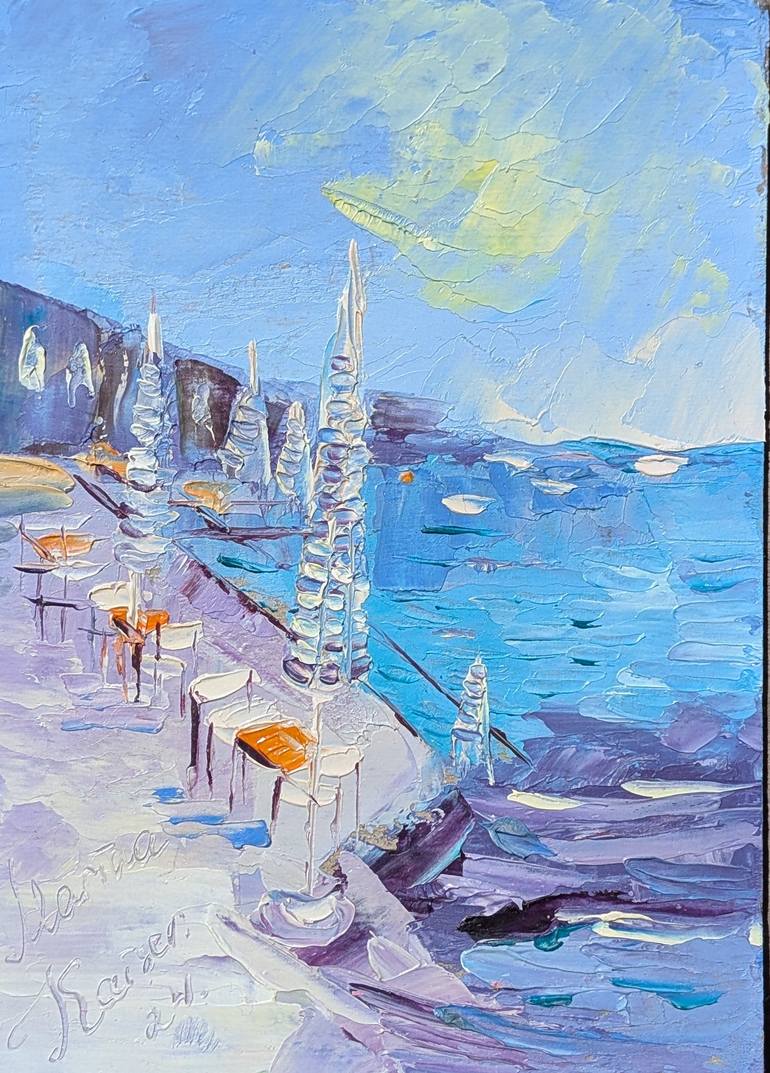 Original Seascape Painting by Marina Kaiser | Impressionism Art on Hardboard | Cafe on the Embankment
