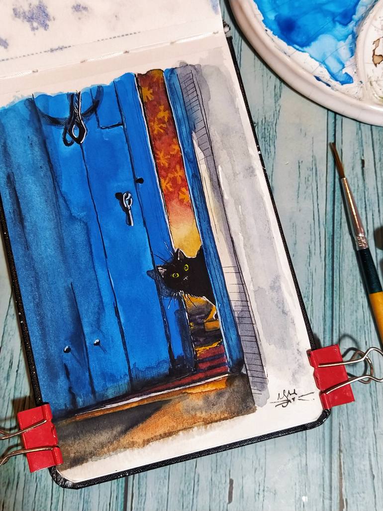 Original Contemporary Cats Painting by Julie Wintertale
