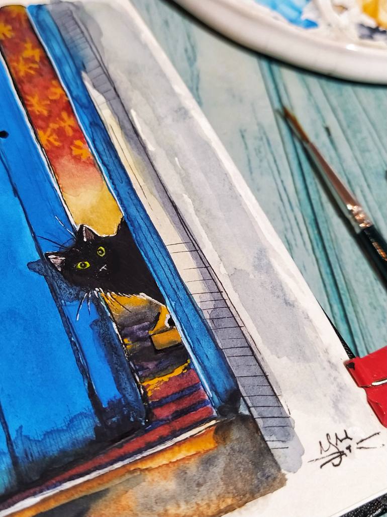 Original Contemporary Cats Painting by Julie Wintertale