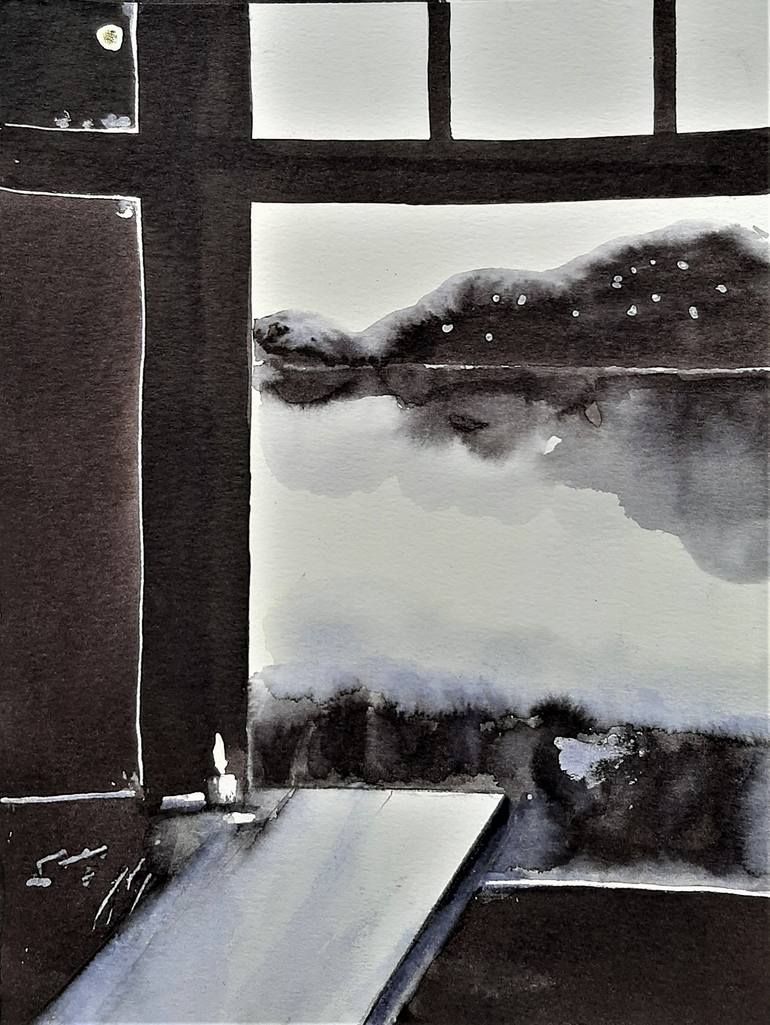 Original Home Painting by Magdalena Kalieva | Realism Art on Paper | The lake in front of the window