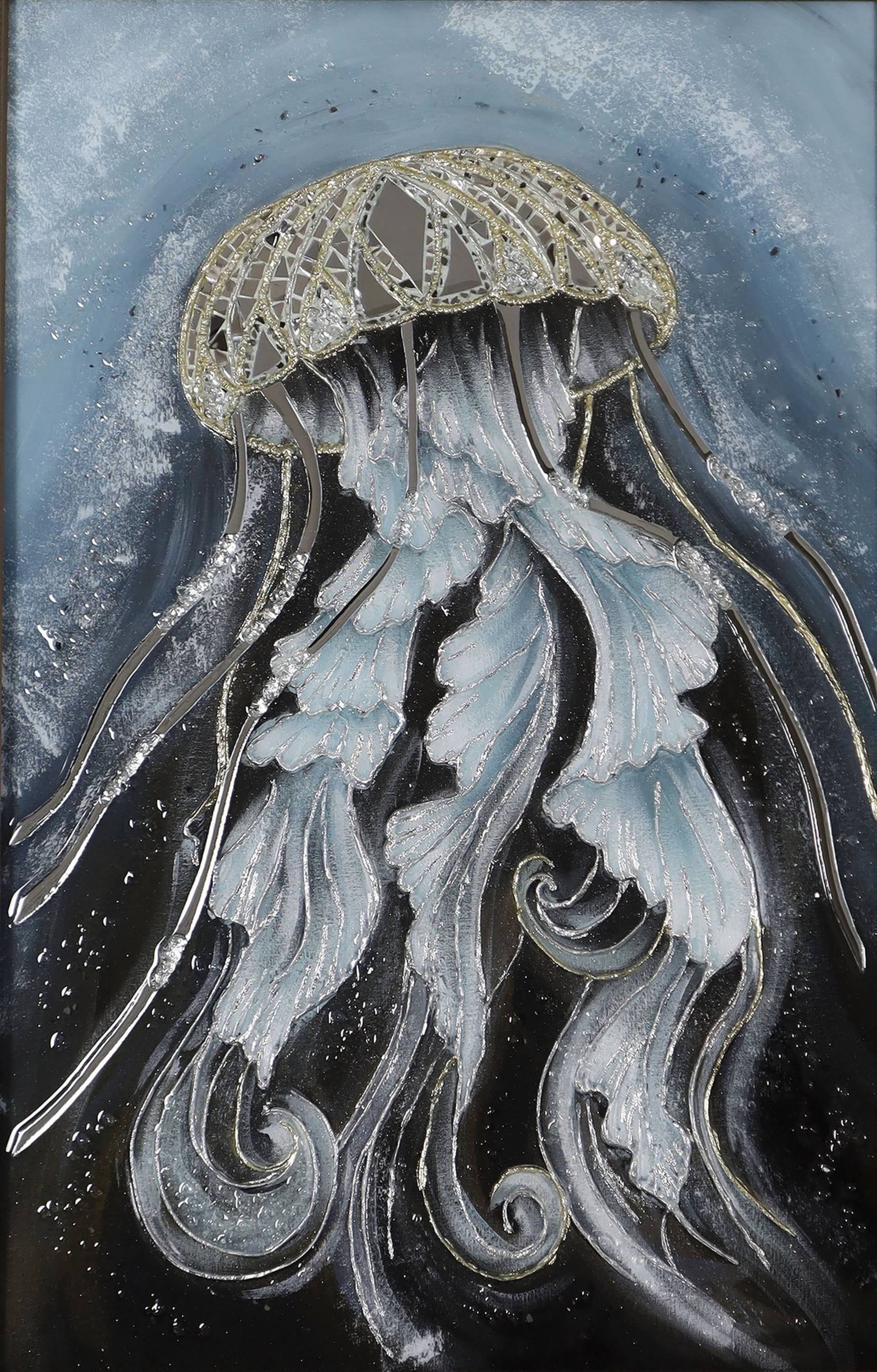 Gold jellyfish with mirror mosaic, texture paste and gold leaf